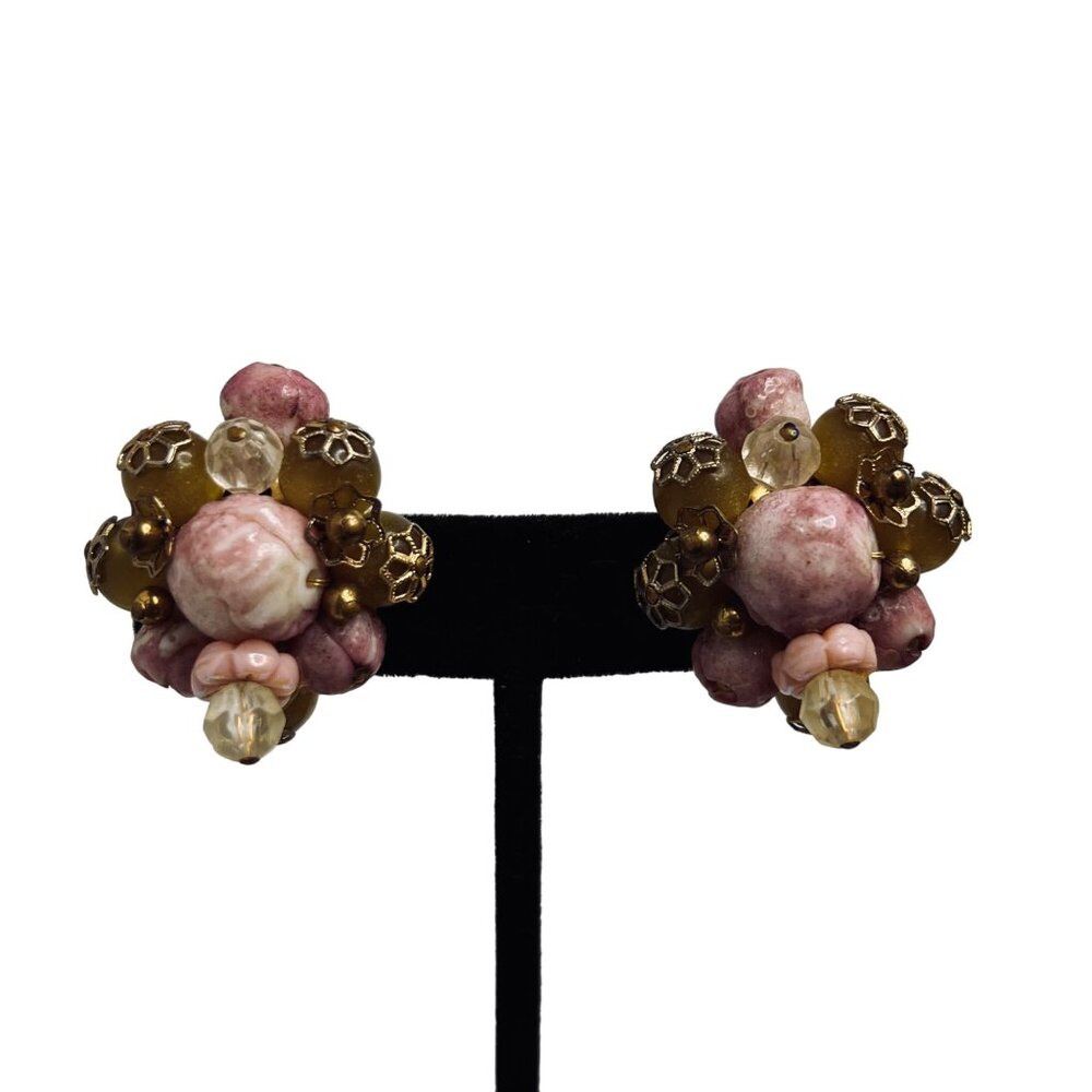 Hobe Lavender, Green And Filigree Bead Cluster Clip On Earrings Signed (5226)